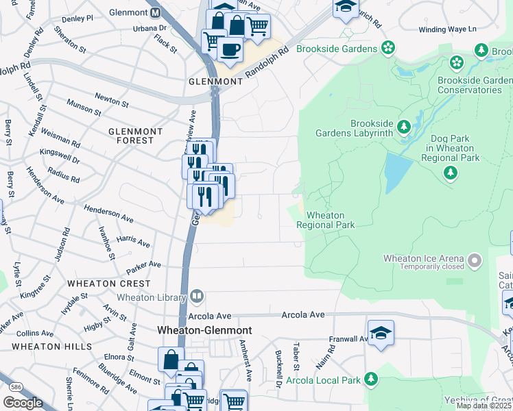 map of restaurants, bars, coffee shops, grocery stores, and more near 12030 Saw Mill Court in Silver Spring