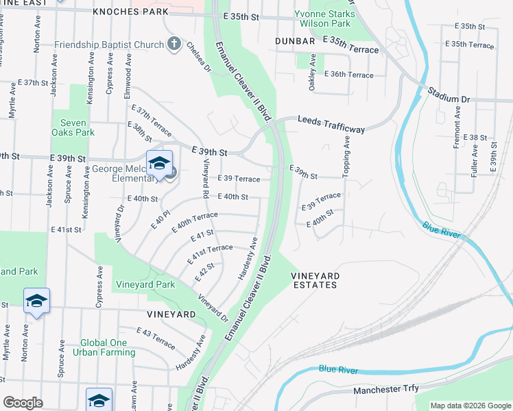 map of restaurants, bars, coffee shops, grocery stores, and more near 4008 Hardesty Avenue in Kansas City