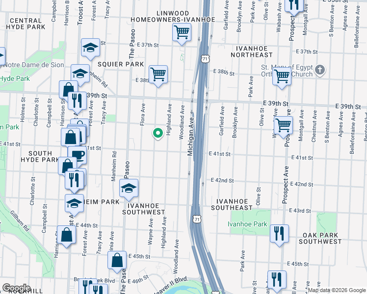 map of restaurants, bars, coffee shops, grocery stores, and more near 4039 Woodland Avenue in Kansas City