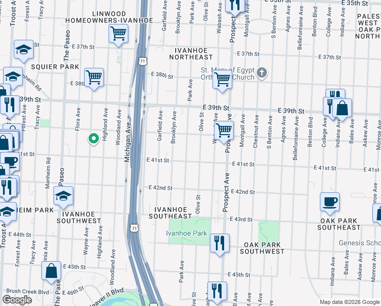 map of restaurants, bars, coffee shops, grocery stores, and more near 4033 Park Ave in Kansas City