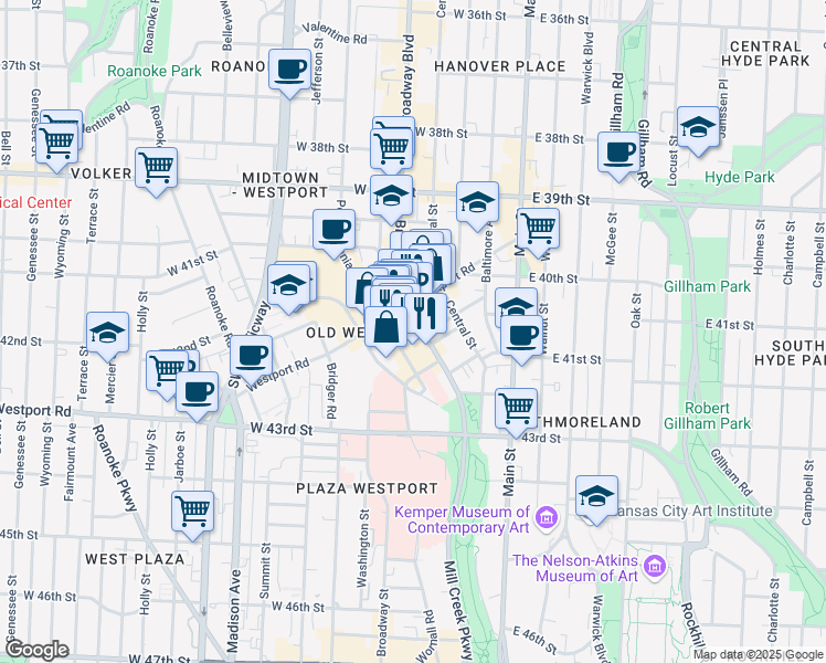 map of restaurants, bars, coffee shops, grocery stores, and more near 4116 Broadway Boulevard in Kansas City