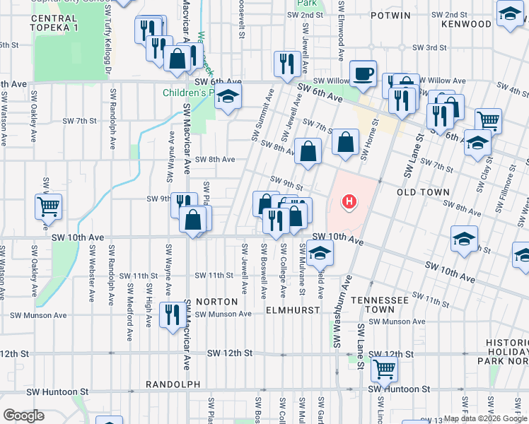 map of restaurants, bars, coffee shops, grocery stores, and more near 944 Southwest Jewell Avenue in Topeka