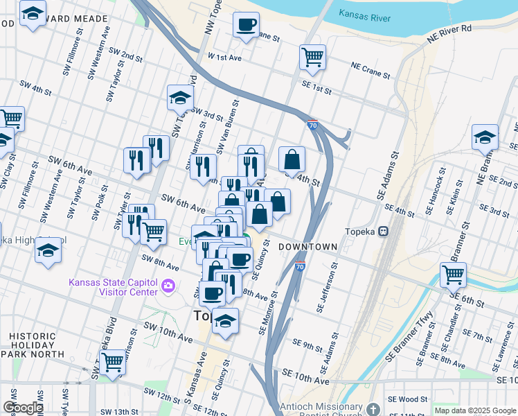 map of restaurants, bars, coffee shops, grocery stores, and more near 534 South Kansas Avenue in Topeka