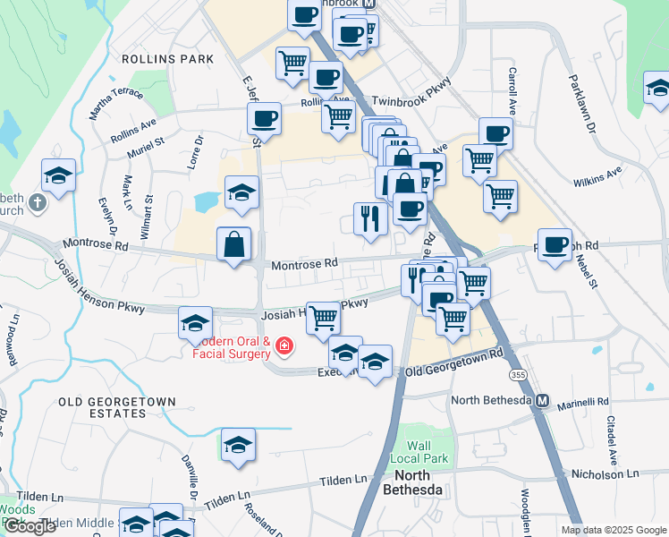 map of restaurants, bars, coffee shops, grocery stores, and more near 11911 Castlegate Court in North Bethesda