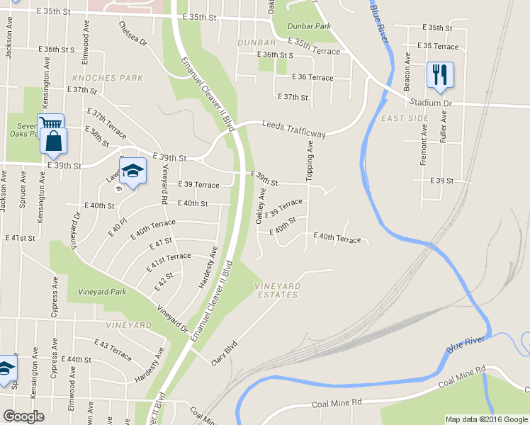 map of restaurants, bars, coffee shops, grocery stores, and more near 3939 Oakley Avenue in Kansas City