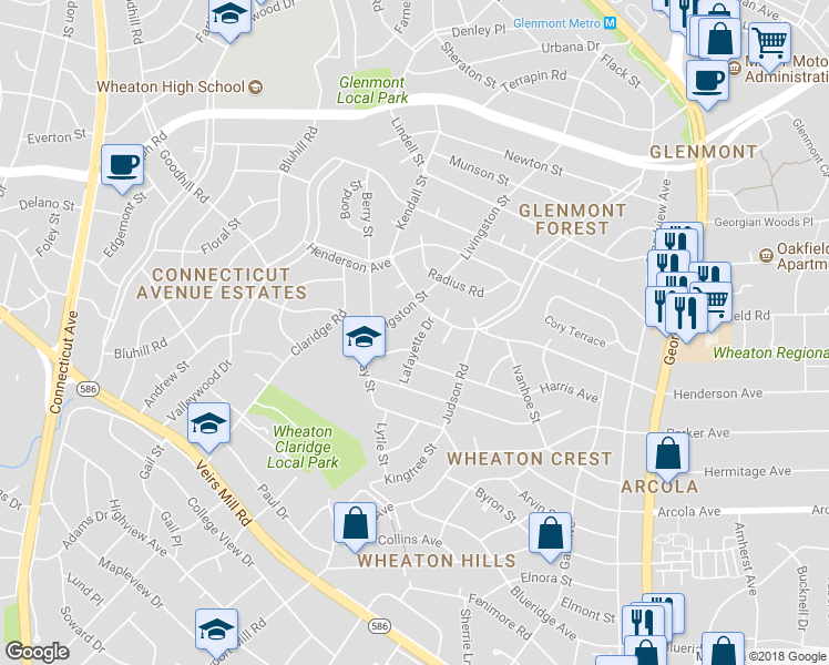map of restaurants, bars, coffee shops, grocery stores, and more near 11912 Lafayette Drive in Silver Spring