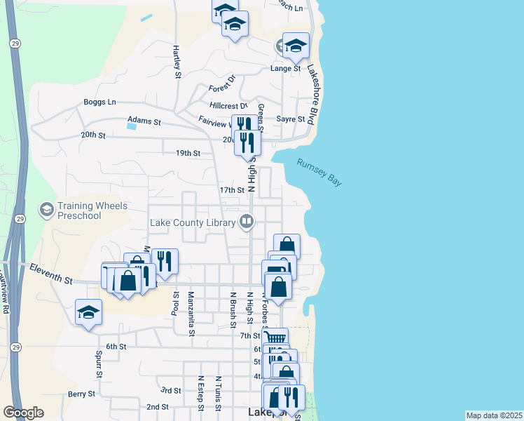 map of restaurants, bars, coffee shops, grocery stores, and more near 1570 North Forbes Street in Lakeport
