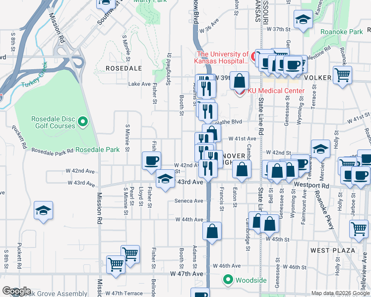 map of restaurants, bars, coffee shops, grocery stores, and more near 4133 Booth St in Kansas City
