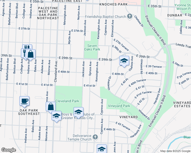 map of restaurants, bars, coffee shops, grocery stores, and more near 4008 Kensington Avenue in Kansas City