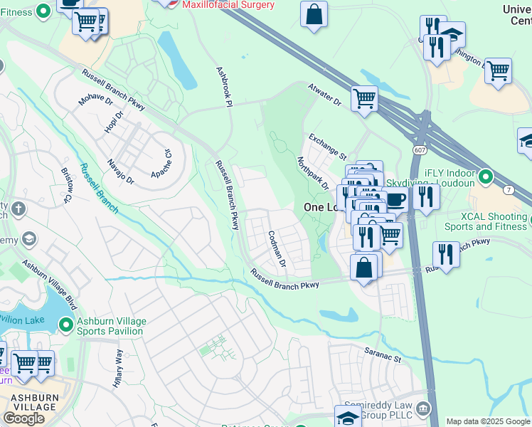 map of restaurants, bars, coffee shops, grocery stores, and more near 20305 Savin Hill Drive in Ashburn