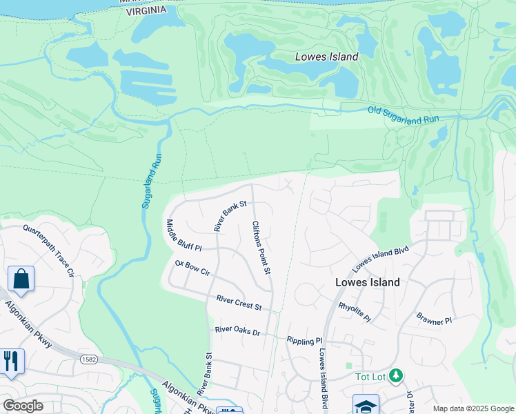 map of restaurants, bars, coffee shops, grocery stores, and more near 20346 Cliftons Point Street in Sterling