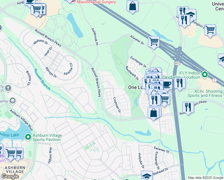 map of restaurants, bars, coffee shops, grocery stores, and more near 20305 Savin Hill Drive in Ashburn