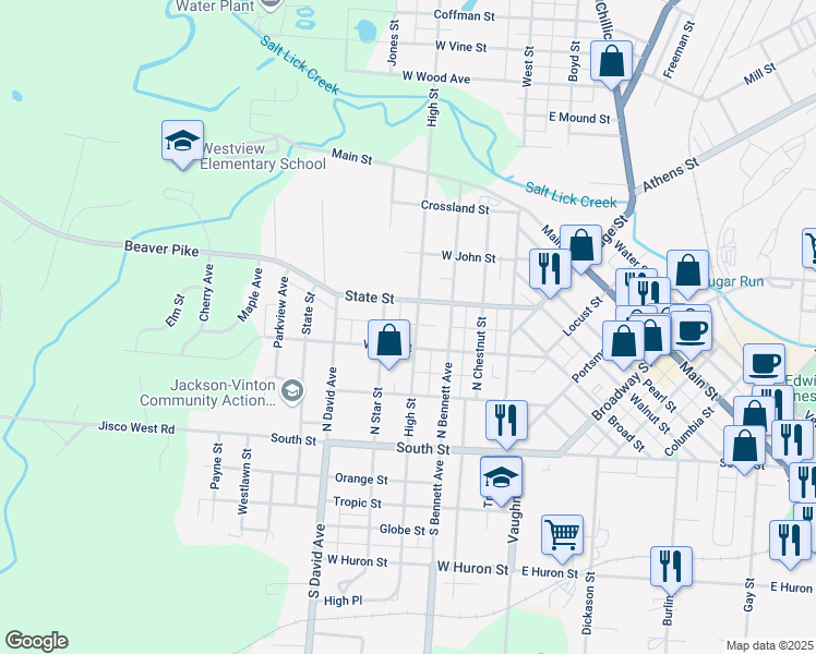 map of restaurants, bars, coffee shops, grocery stores, and more near 127N S High St in Jackson