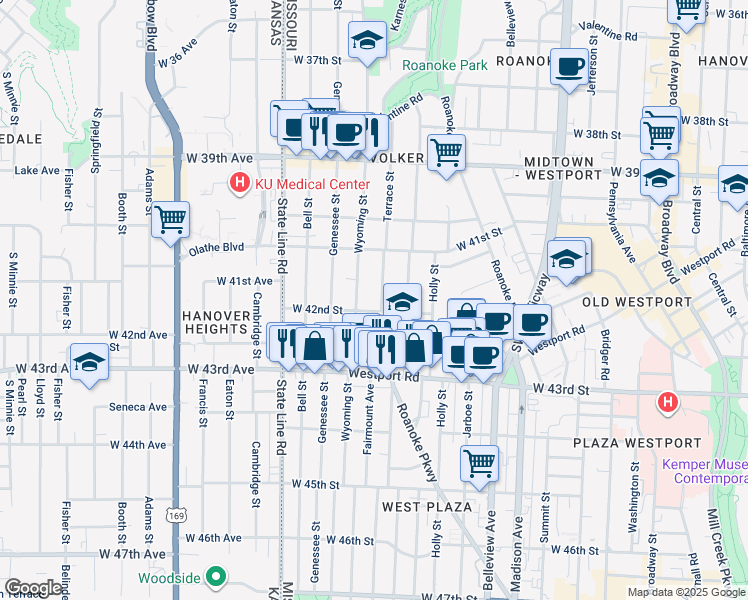 map of restaurants, bars, coffee shops, grocery stores, and more near 4146 Terrace Street in Kansas City