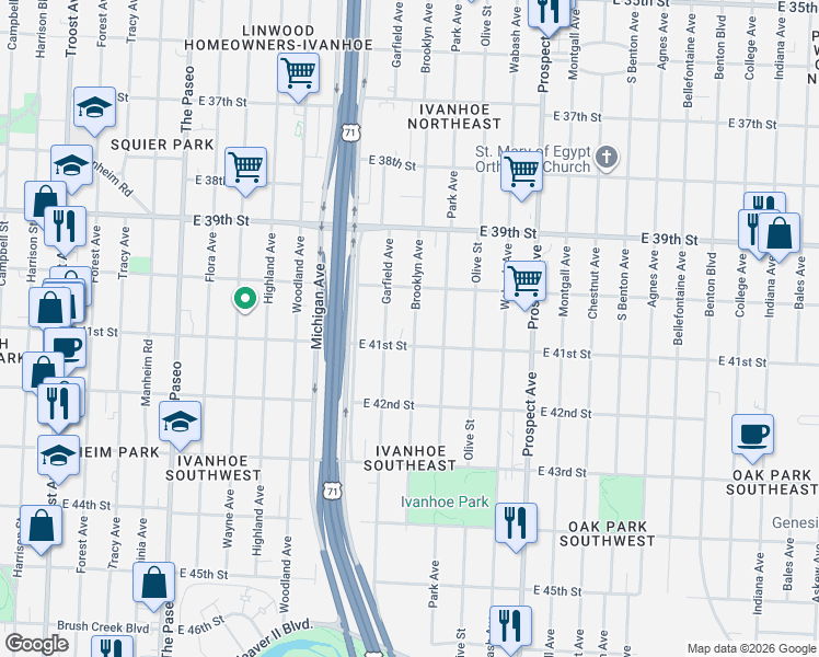 map of restaurants, bars, coffee shops, grocery stores, and more near 4036 Brooklyn Avenue in Kansas City