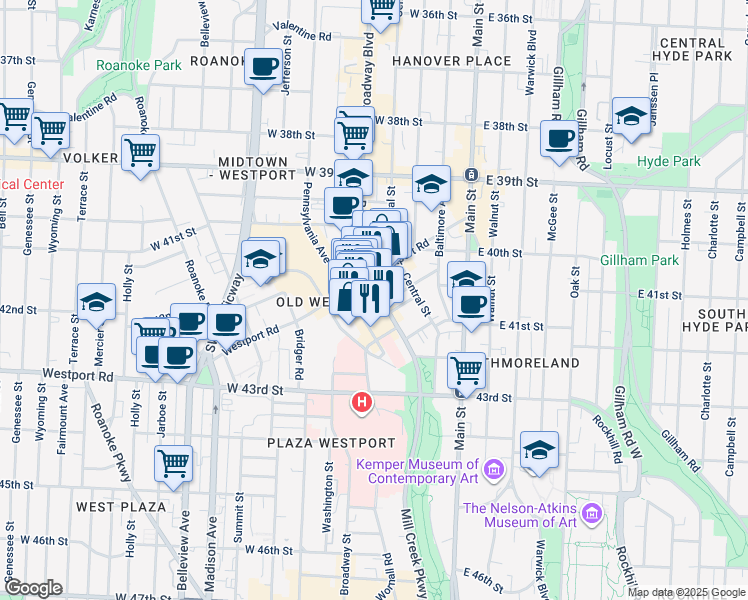 map of restaurants, bars, coffee shops, grocery stores, and more near 4116 Broadway Boulevard in Kansas City