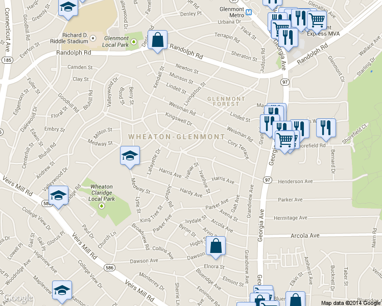 map of restaurants, bars, coffee shops, grocery stores, and more near 12001 Judson Road in Silver Spring