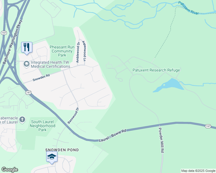 map of restaurants, bars, coffee shops, grocery stores, and more near 10416 Balsamwood Drive in Laurel