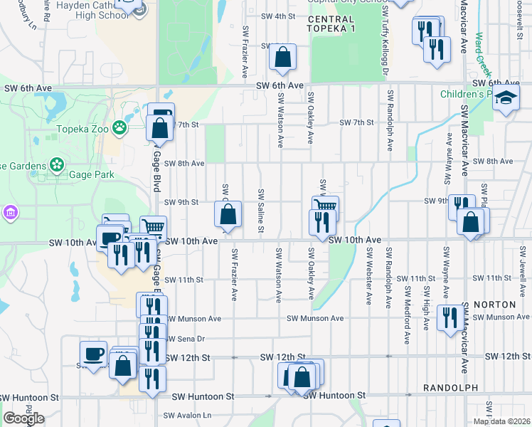 map of restaurants, bars, coffee shops, grocery stores, and more near 914 SW Saline St in Topeka