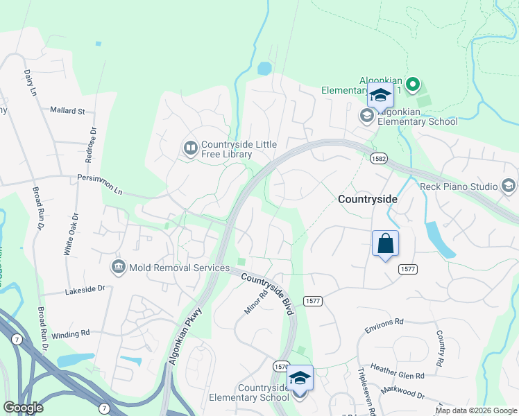 map of restaurants, bars, coffee shops, grocery stores, and more near 20 Oakdale Court in Sterling