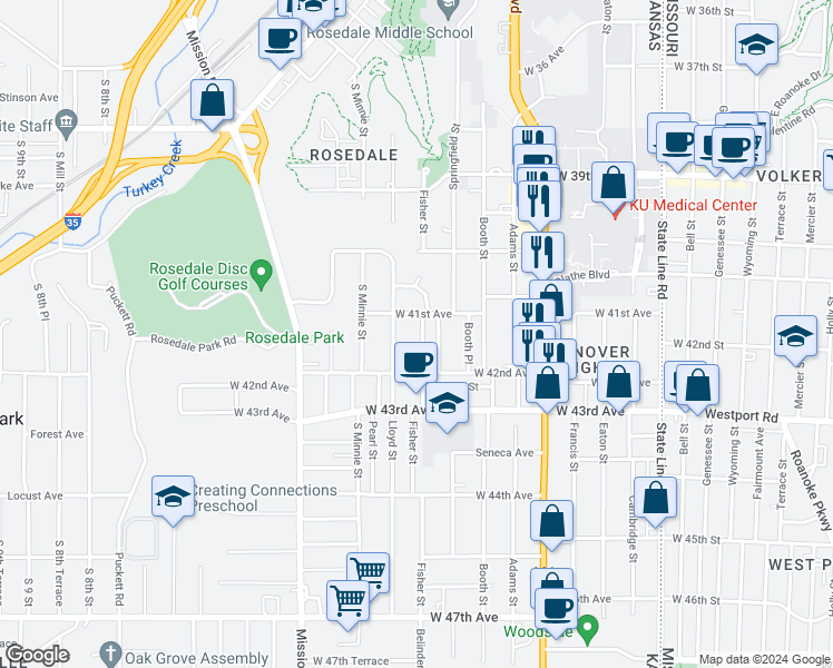 map of restaurants, bars, coffee shops, grocery stores, and more near 4116 Fisher Street in Kansas City