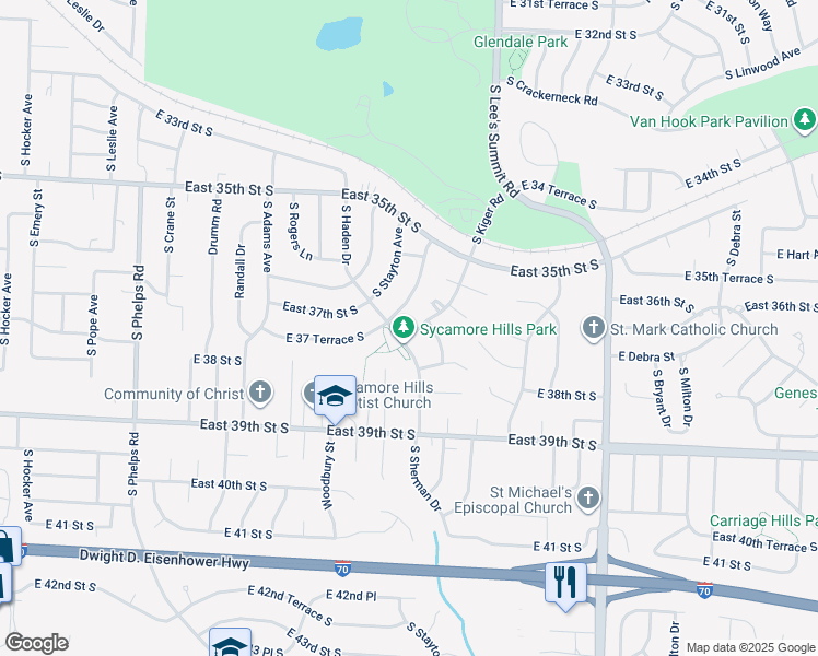 map of restaurants, bars, coffee shops, grocery stores, and more near 3712 South Kiger Road in Independence