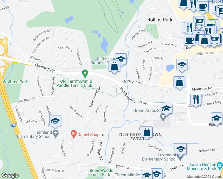map of restaurants, bars, coffee shops, grocery stores, and more near 6710 Tildenwood Lane in Rockville