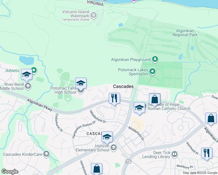 map of restaurants, bars, coffee shops, grocery stores, and more near 46582 Broadspear Terrace in Sterling