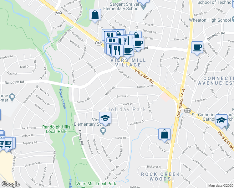 map of restaurants, bars, coffee shops, grocery stores, and more near 4207 Ferrara Drive in Silver Spring
