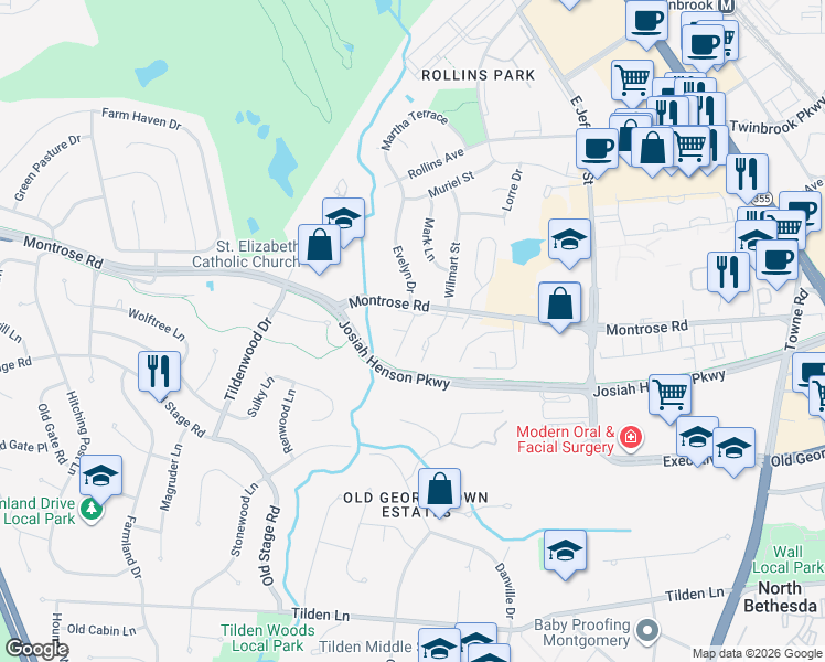 map of restaurants, bars, coffee shops, grocery stores, and more near 12029 Treeline Way in Rockville