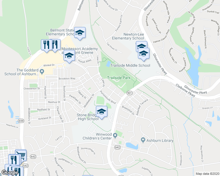 map of restaurants, bars, coffee shops, grocery stores, and more near 20376 Mount Pleasant Terrace in Ashburn