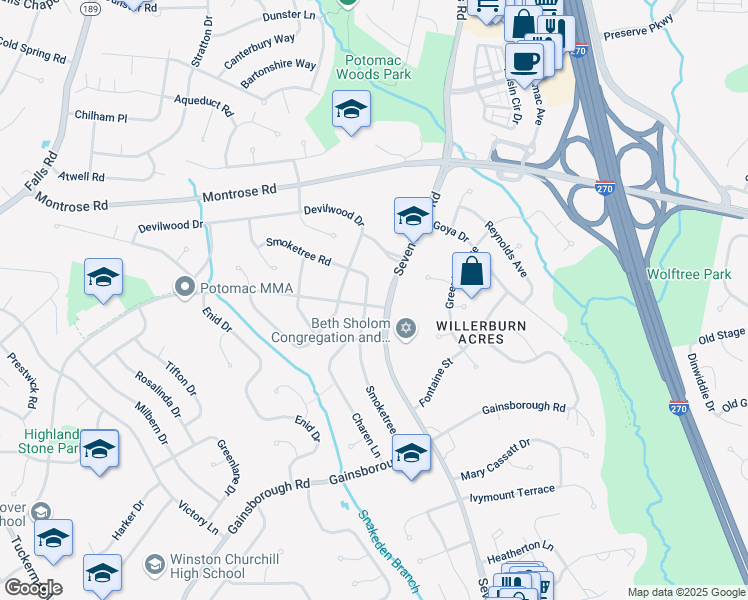 map of restaurants, bars, coffee shops, grocery stores, and more near 8003 Postoak Road in Rockville