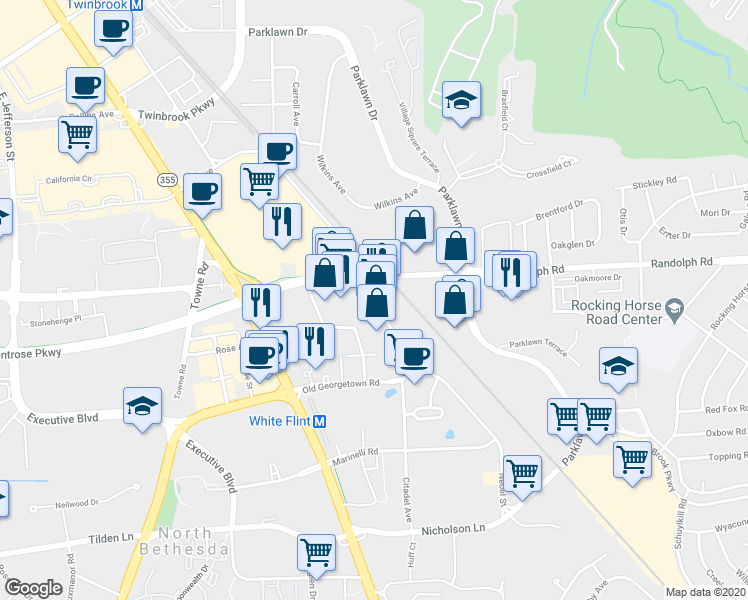 map of restaurants, bars, coffee shops, grocery stores, and more near 12128 Nebel Street in North Bethesda