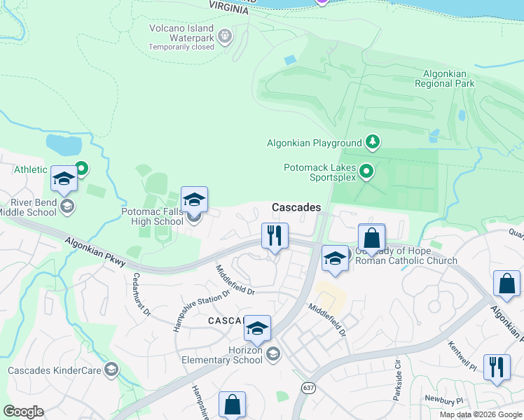 map of restaurants, bars, coffee shops, grocery stores, and more near 46582 Broadspear Terrace in Sterling