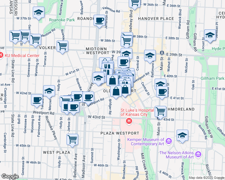 map of restaurants, bars, coffee shops, grocery stores, and more near 540 Westport Road in Kansas City