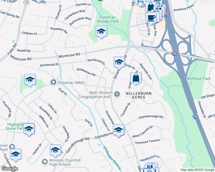 map of restaurants, bars, coffee shops, grocery stores, and more near 8003 Postoak Road in Potomac