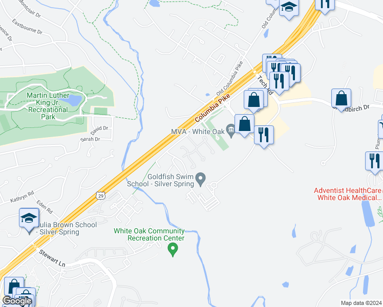 map of restaurants, bars, coffee shops, grocery stores, and more near 1830 Bronzegate Boulevard in Silver Spring