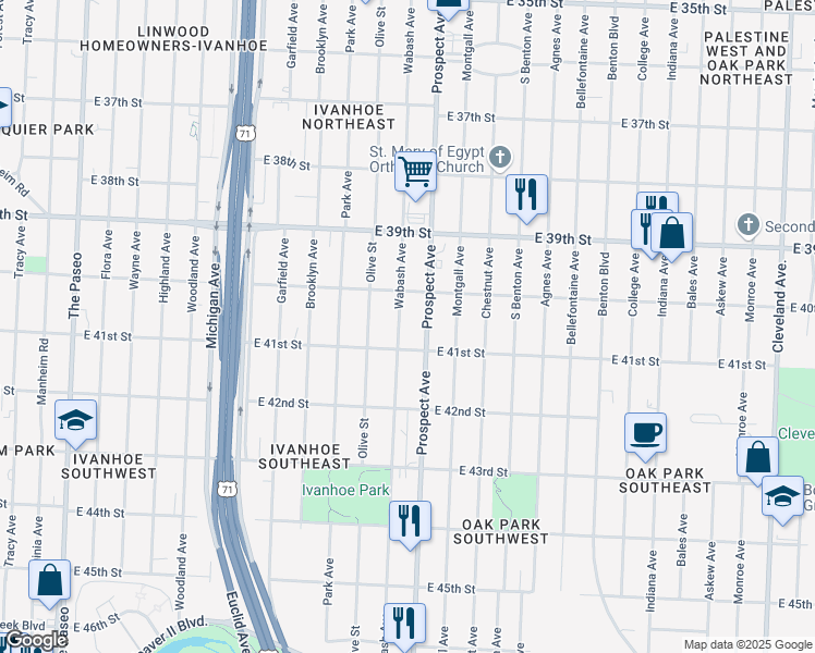 map of restaurants, bars, coffee shops, grocery stores, and more near 4030 Prospect Avenue in Kansas City