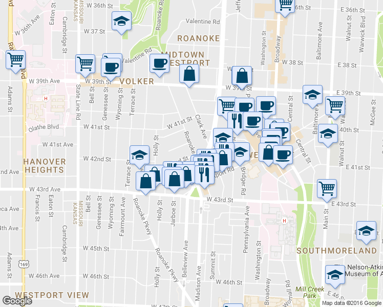 map of restaurants, bars, coffee shops, grocery stores, and more near 4201 Roanoke Road in Kansas City