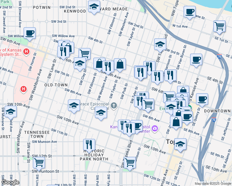 map of restaurants, bars, coffee shops, grocery stores, and more near 704 Southwest Taylor Street in Topeka