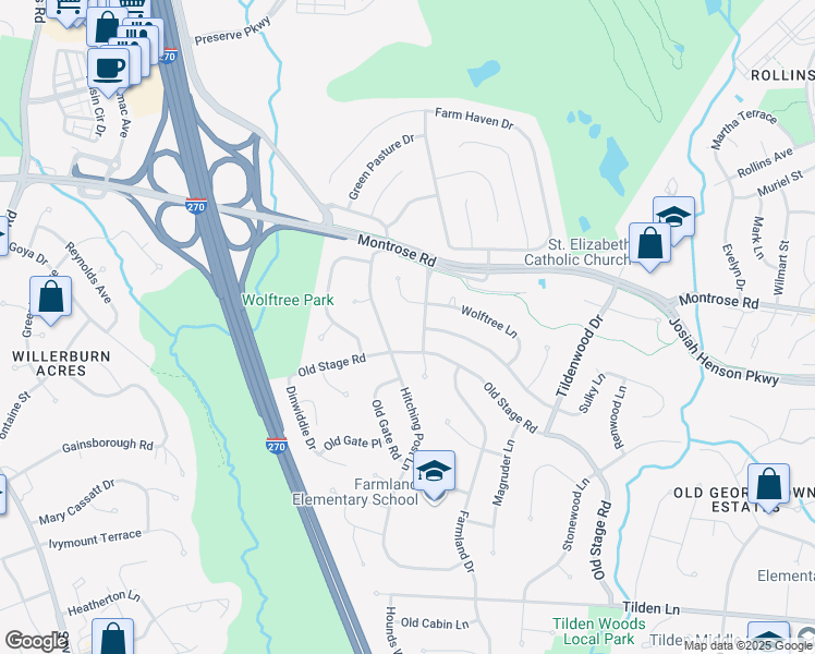 map of restaurants, bars, coffee shops, grocery stores, and more near 12008 Old Bridge Road in Rockville