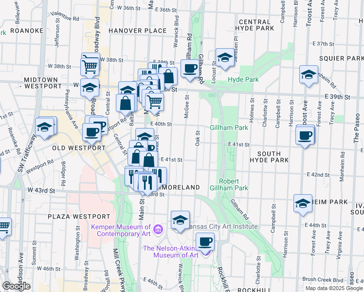 map of restaurants, bars, coffee shops, grocery stores, and more near 4040 McGee Street in Kansas City