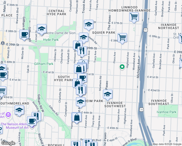 map of restaurants, bars, coffee shops, grocery stores, and more near 1210 East 41st Street in Kansas City