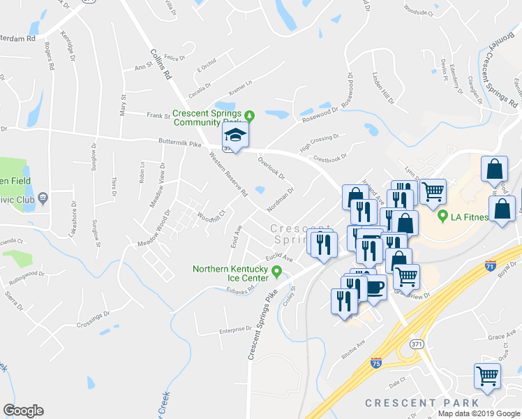 map of restaurants, bars, coffee shops, grocery stores, and more near Western Reserve Road in Fort Mitchell