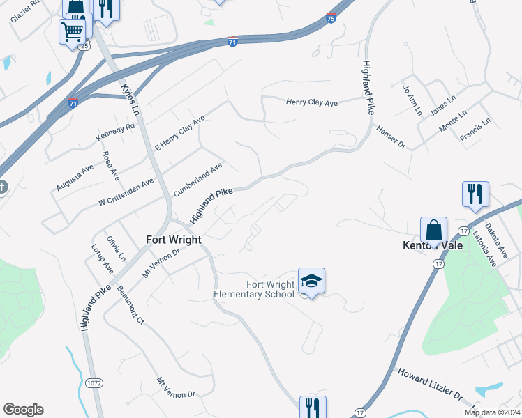 map of restaurants, bars, coffee shops, grocery stores, and more near 556-23 West Cloverfield Lane in Fort Wright