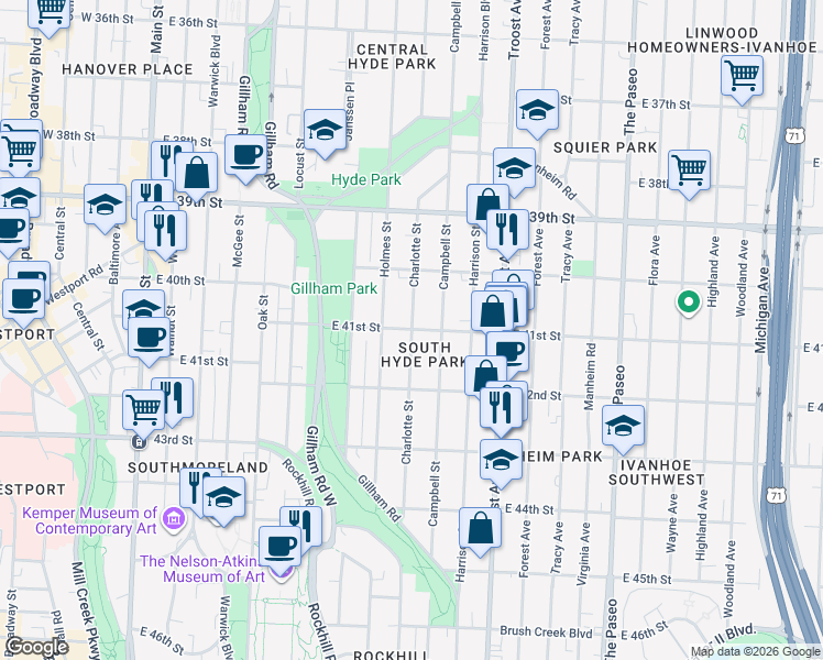 map of restaurants, bars, coffee shops, grocery stores, and more near Charlotte Street & East 41st Street in Kansas City