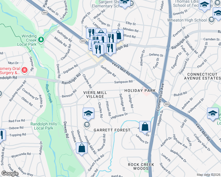 map of restaurants, bars, coffee shops, grocery stores, and more near 4111 Ferrara Drive in Silver Spring
