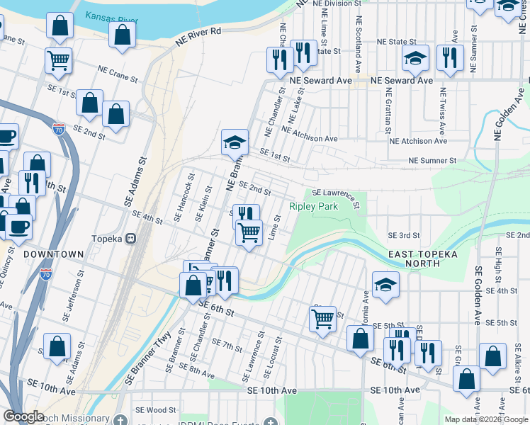 map of restaurants, bars, coffee shops, grocery stores, and more near 222 Southeast Lake Street in Topeka