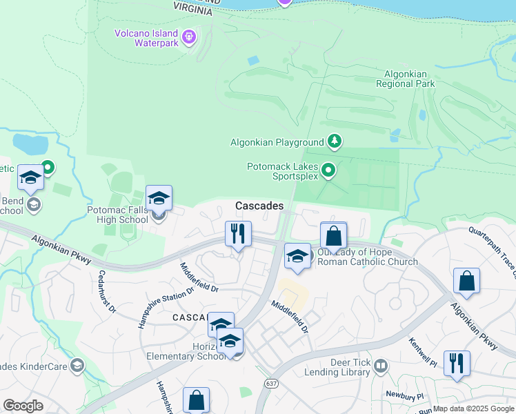 map of restaurants, bars, coffee shops, grocery stores, and more near 20334 Burnley Square in Sterling
