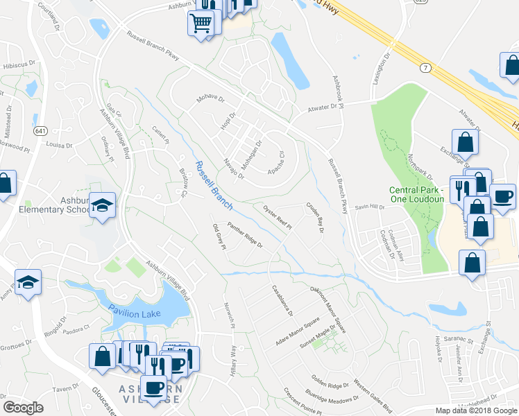 map of restaurants, bars, coffee shops, grocery stores, and more near 20365 Oyster Reef Pl in Ashburn